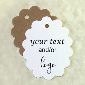 Scalloped Oval Tags - small tags 1.5" wide x 2" tall . custom / personalized . weddings, products, gifts . kraft, white, or ivory tags
