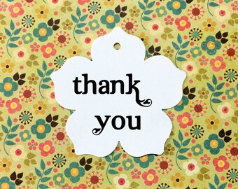 Five-Petal Flower Thank You Tags . bright white floral themed tags free US shipping clothing tags Etsy shop supplies gift tags price tags