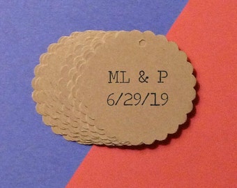 50 Personalized Kraft Tags - scalloped circle 1.5" diameter . wedding tags . customize with bride and groom initials and wedding date