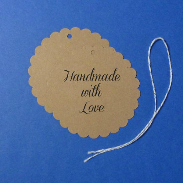 Scalloped Large Kraft Tags with twine ties . ready made handmade with love tags . product, gifts, clothing price tags . Etsy shop supplies