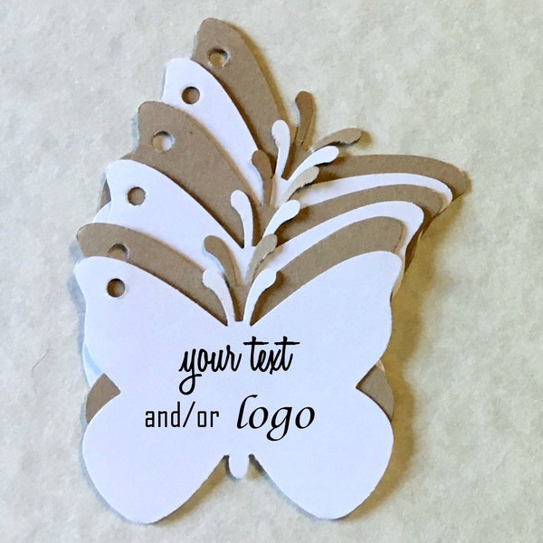 Butterfly Tags, Large - custom printed tags 1.75" tall x 2" wide . pretty, elegant, fancy tags for gifts, weddings, products . personalized