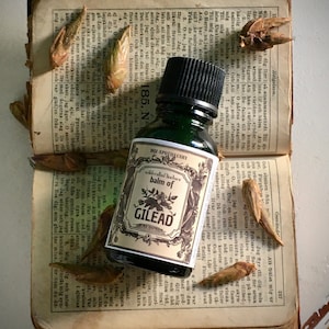 May include: A small, dark green glass bottle with a black cap, labeled "balm of Gilead." The label is cream-colored with ornate text and floral designs, resting on an open book with aged pages.