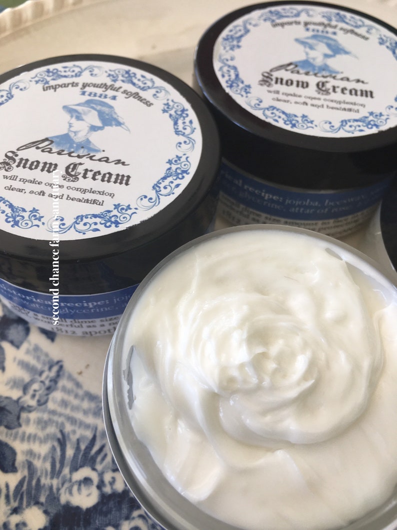Victorian Makeup Guide & Beauty History 1884 Snow Cream Cold Cream 1884 Recipe Soothing Nourishing Moisturizer Barrier Cream Victorian Makeup Natural Face Cream $2.79 AT vintagedancer.com