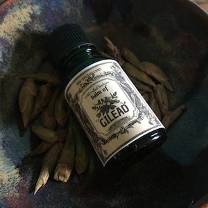 May include: A small, dark green glass bottle with a black cap, labeled "Balm of Gilead" sits in a dark blue and brown ceramic bowl. The bottle is surrounded by several brown buds. The label has a vintage design.