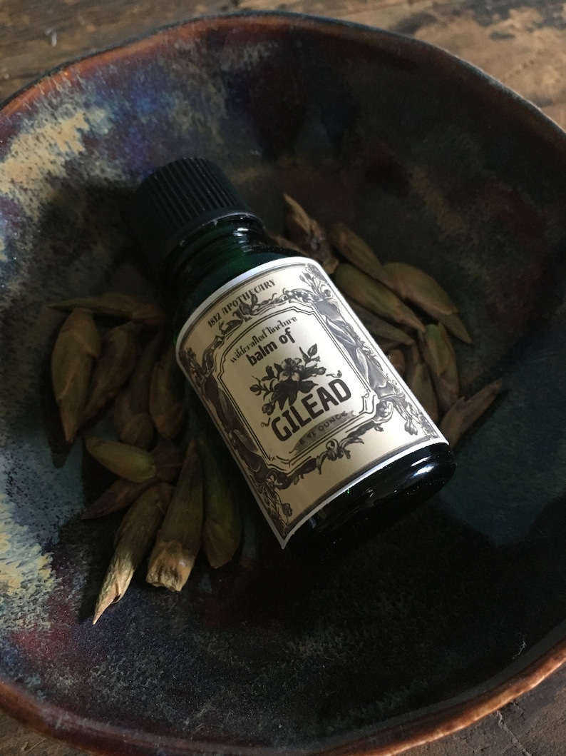 May include: A small, dark green glass bottle with a black cap, labeled "Balm of Gilead" sits in a dark blue and brown ceramic bowl. The bottle is surrounded by several brown buds. The label has a vintage design.