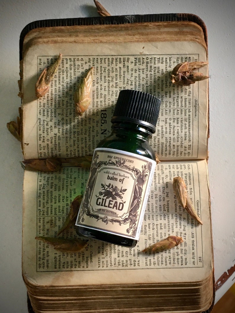 May include: A small, dark green glass bottle with a black cap, labeled "balm of Gilead." The label is cream-colored with ornate text and floral designs, resting on an open book with aged pages.