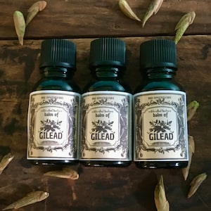 May include: Three dark green glass bottles with black caps, each labeled "Balm of Gilead" with floral and botanical illustrations. The bottles are arranged on a rustic wooden surface, with dried seed pods scattered around.