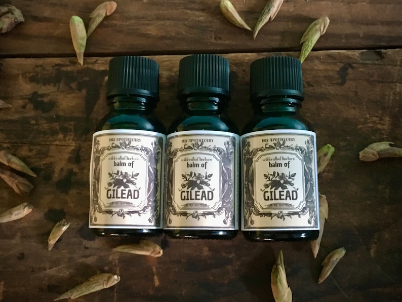 May include: Three dark green glass bottles with black caps, each labeled "Balm of Gilead" with floral and botanical illustrations. The bottles are arranged on a rustic wooden surface, with dried seed pods scattered around.