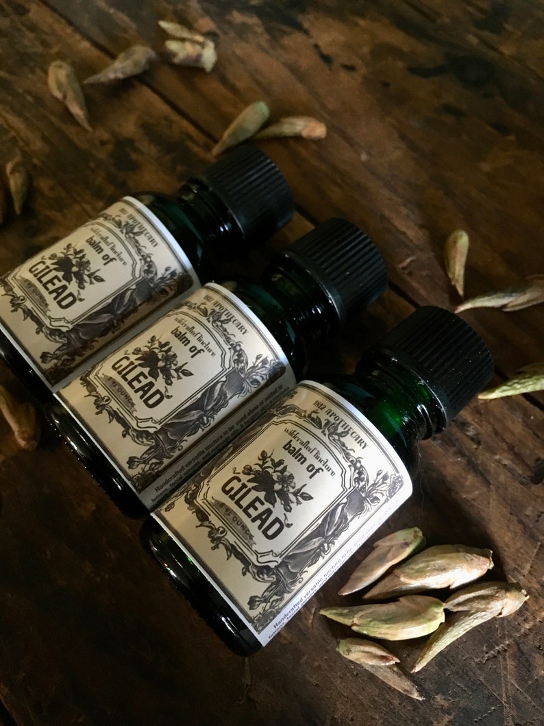 May include: Three dark green glass bottles with black caps, labeled "Balm of Gilead" with floral and decorative elements. The bottles are arranged on a dark wooden surface, surrounded by small, dried seed pods.