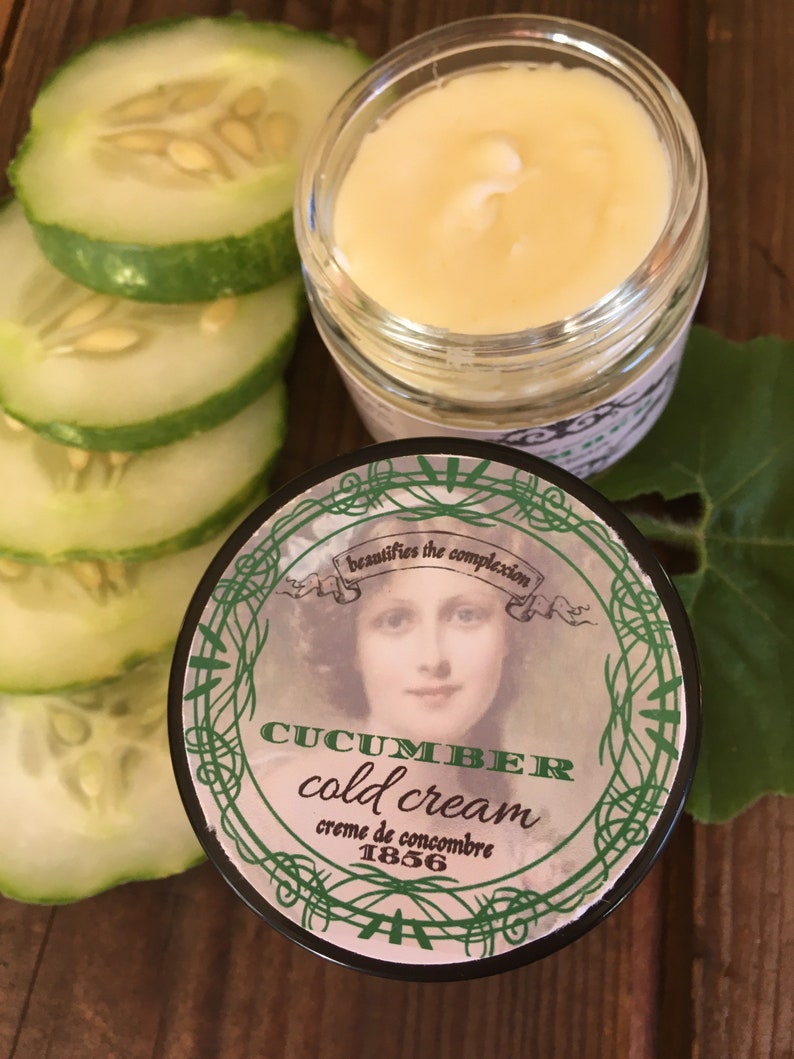 1900-1910 Edwardian Makeup and Beauty Products 1856  Cucumber Cold Cream 1856 Deep Hydration Face Care Nourishing Makeup Remover Victorian Cold Cream Natural Skincare Glass Jar $2.79 AT vintagedancer.com