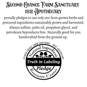 Op de afbeelding: Zwart-wit logo voor Second Chance Farm Sanctuary 1812 Apothecary. Het logo toont een cirkel met de tekst "Natural Ingredient" en "Truth in Labeling Pledge Resource Center".