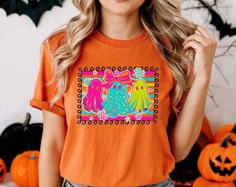 Colorful Ghost Trio Tee | Retro Neon Halloween Shirt | Bright Spooky Season T-Shirt | Fall Graphic Tee | Orange Unisex Fit