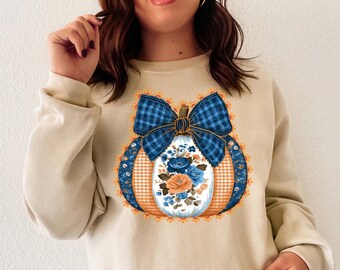 Blue and Orange Floral Pumpkin Sweatshirt | Fall Gingham Bow Autumn Shirt | Vintage Farmhouse Pumpkin Pullover | Cozy Crewneck Sweatshirt