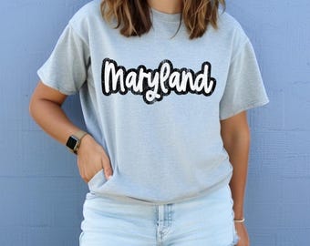 Maryland Script Tee | Black Glitter Look Graphic Shirt | State Pride Design | Sporty Style | Unisex Fit