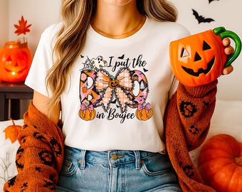 I Put the Boo in Boujee Tee | Pink and Orange Halloween Shirt | Girly Ghost Pumpkin T-Shirt | White Unisex Fit