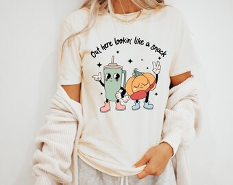 Out Here Lookin' Like a Snack Tee | Funny Fall Pumpkin Shirt | Retro Cartoon Graphic | Cream | Unisex Fit