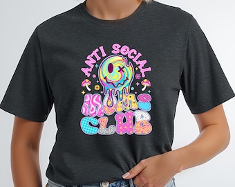 Anti Social Moms Club Shirt | Funky Neon Smile Graphic Tee | Groovy Retro Mom Shirt | Colorful Drippy Design | Unisex Fit