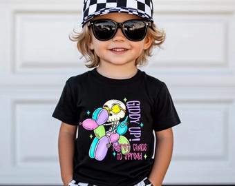 Giddy Up Chaos Tee | Funny Toddler Skeleton Shirt | Colorful Balloon Dog Halloween Style | Black | Unisex Fit