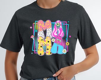 Bold Retro Mama Tee | Funky Neon Stars & Smiley Face Shirt | Y2K Inspired Mom Life T-Shirt | Trendy Graphic Tee | Unisex Fit