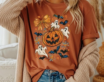 Spooky Pumpkin and Ghost Tee | Whimsical Halloween Shirt | Fall Bats and Bows Design | Autumn Rust | Unisex Fit