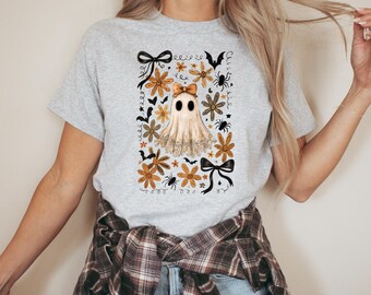 Lace Ghost Tee | Vintage Halloween Shirt | Cute Ghost in Bow | Fall Floral Spooky Graphic | Grey Unisex Fit