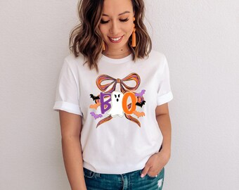 BOO Ghost Halloween Shirt | Cute Bow and Bats Design | Fall Spooky Season Tee | White | Unisex Fit
