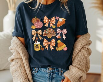 Thanksgiving Bows and Treats Tee | Fall Icons Shirt | Cute Autumn Turkey and Pie Tee | Gingham Bows and Pumpkin Pie | Unisex Fit