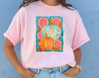 Whimsical Floral Pumpkin Tee | Bright Turquoise and Orange Fall Shirt | Pink Autumn T-Shirt | Colorful Floral Pumpkin Design | Unisex Fit