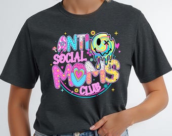 Anti-Social Moms Club Tee | Neon Retro Y2K Style Shirt | Funny Mom Graphic Tee | Oversized Trendy Look | Unisex Fit
