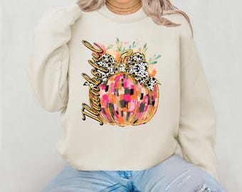 Thankful Pumpkin Sweatshirt | Pink Orange Fall Pullover | Leopard Bow Pumpkin | Bold Thanksgiving Design | Unisex Fit