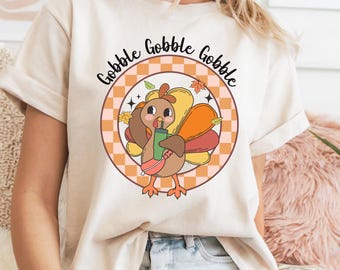 Gobble Gobble Gobble Tee | Cute Thanksgiving Turkey Shirt | Fall Drink Graphic | Peach Cream Unisex Fit