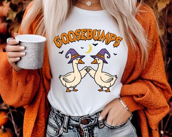 Goosebumps Halloween Shirt | Witchy Goose Graphic Tee | Funny Fall Pun Shirt | Moon & Bats Spooky Season Tee | White Unisex Fit