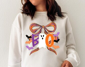 BOO Ghost Sweatshirt | Cute Halloween Bow and Bat Design | Pastel Spooky Season Pullover | Cozy Fall Vibes | Unisex Fit