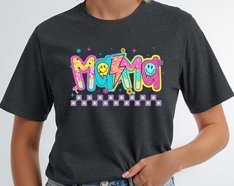 Neon Mama Graphic Tee | Lightning Bolt Smile Face Shirt | Trendy Colorful Mom Shirt | Edgy Retro Vibes | Unisex Fit