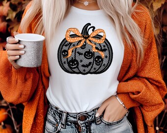 Lace Pumpkin Halloween Tee | Classy Fall Graphic Shirt | Orange Bow Spooky T-Shirt | Cute Jack O’Lantern Design | White Unisex Fit
