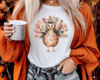 Glam Turkey Shirt | Thanksgiving T-Shirt with Bow | Glitter Fall Tee | Cute Neutral Feathers Design | Unisex Fit