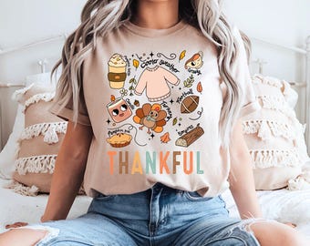 Thankful Doodles Tee | Cute Fall Graphic Shirt | Thanksgiving Cozy Comfort Design | Neutral Beige | Unisex Fit