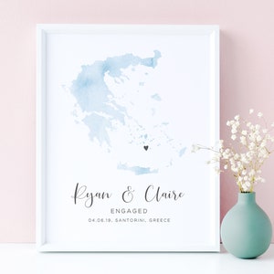 Greece Map Print Personalised Map Gifts, Map Engagement Print, Watercolor Map Poster, Personalized Engagement Gift for Couple, UNFRAMED