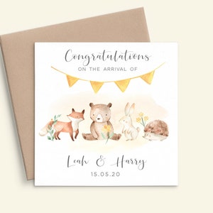 Personalised New Baby Card Woodland Animals, Congratulations Baby Card Neutral New Baby Card Unisex, Watercolour New Baby Card Twins