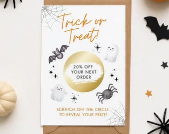 Halloween Business Discount Scratch Cards Personalised, Custom Halloween Scratch Off Reward Card, Gold Halloween Offer Scratch Reveal Coupon