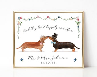 Dachshund Print, Wedding Print Personalised, Bride and Groom Gift, Dog Wedding Gift Personalized Wedding Gifts for Couple Dogs, UNRAMED