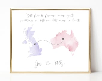 Long Distance Friendship Print, Best Friend Long Distance Map Art, Moving Away Gift Friend, Map Gifts Personalised Map Print, UNFRAMED