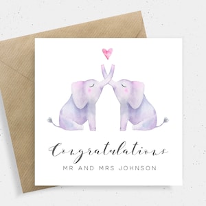 Elephant Card Wedding, Mr and Mrs Wedding Card Congratulations, Personalized Wedding Card Animal, Personalised Wedding Day Card for Couple