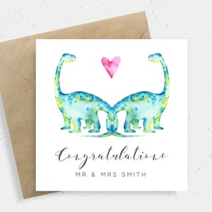 Dinosaur Wedding Card Congratulations, Personalised Wedding Card for Mr and Mrs, Bride and Groom Card, Wedding Day Card for Couple