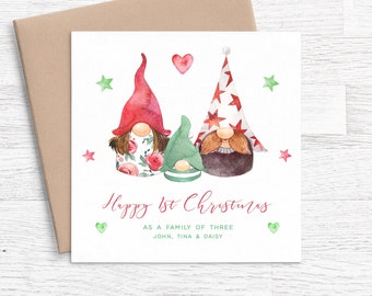 First Christmas as Family of 3, First Christmas as a Family Christmas Card Gnome, First Christmas as a Mummy and Daddy Card Personalised