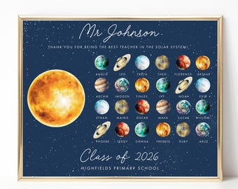Science Teacher Appreciation Print Space, Personalized Teacher Gifts from Class Planets, Solar System Teacher End of Year Print, UNFRAMED