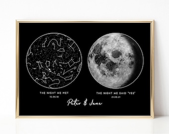 Custom Star Map and Moon Phase Print, Personalised Wedding Anniversary Gift for Husband, Star Map by Date, Personalized Moon Print, UNFRAMED