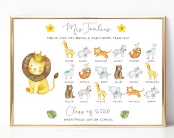 Personalised Teacher Appreciation Print Safari Animals, End of Year Nursery Teacher Thank You Gifts from Whole Class Jungle, UNFRAMED