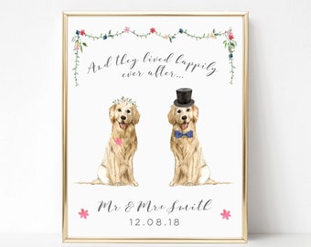 Golden Retriever Print, Wedding Print Personalised, Dog Wedding Gift Dog Gift for Newlyweds, Personalized Wedding Gifts for Couple, UNFRAMED