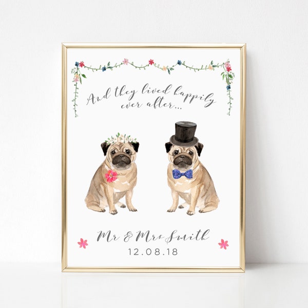 Pug Print, Wedding Print Personalised, Bride and Groom Gift, Dog Wedding Gift Dog Lover Gift, Personalized Wedding Gifts for Couple UNFRAMED